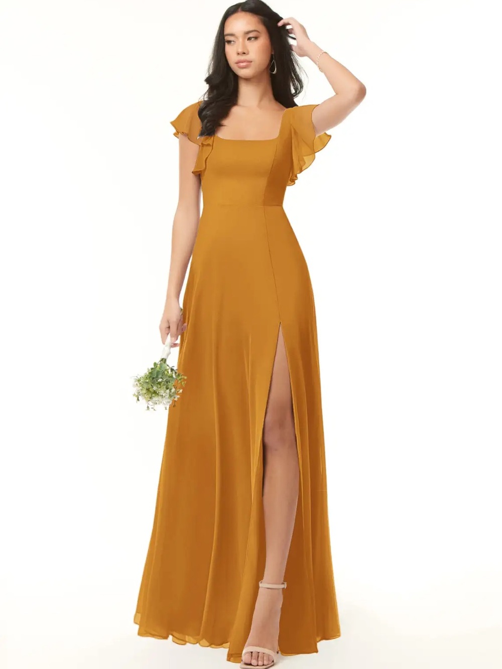 Azazie Bondi Mustard Yellow Flutter-Sleeve Maxi Dress